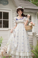 パープル/アイボリー【アイリスシークレット】ショートスリーブダブルレイヤープリントフリルボウノットレースアップスウィートロリータドレス